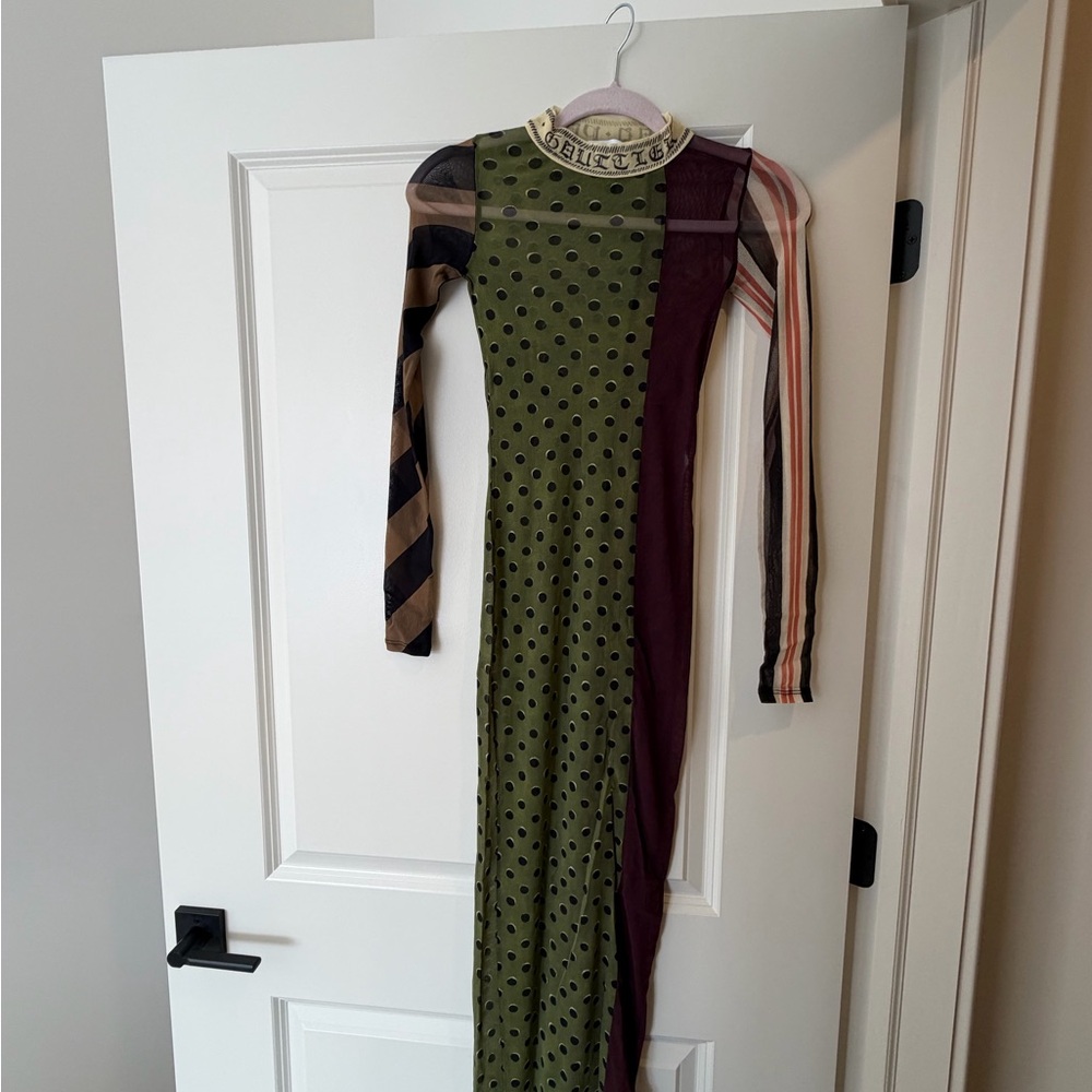 Jean Paul Gaultier Olive and Burgundy Mixed-Print Long Sleeve Maxi Dress